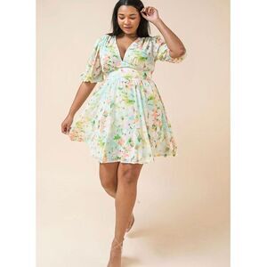 Lovecollette Womens Sophia Floral V Neck Woven Mini Dress Casual Multi-Color Siz